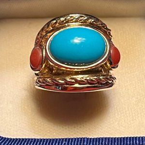 Turquoise, Coral and 14KT Yellow Gold Ring - Size 7